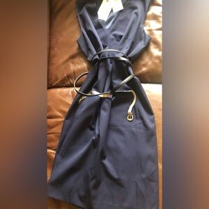 NWT Floor modelRALPH  LAUREN black label Wool Navy Wrap Double Belted Dress US14